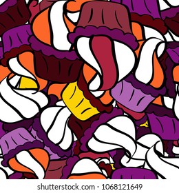Seamless pattern with sweets - ice cream, cupcakes. Isolated in white, black, purple, red, brown colors. Can use for birthday card, the children menu, packaging, textiles, fabrics, wallpaper. Vector.