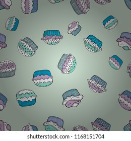 Seamless pattern with sweets - ice cream, cupcakes. Vector illustration. Isolated in gray, white and blue colors. Can use for birthday card, the children menu, packaging, textiles, fabrics, wallpaper.