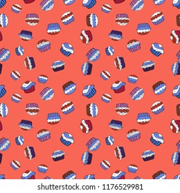 Seamless pattern with sweets - ice cream, cupcakes isolated on cute pink, blue and white background. Can use for birthday card, the children menu, packaging, textiles, fabrics, wallpaper. Vector.