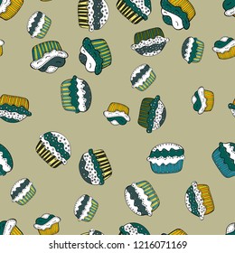 Seamless pattern with sweets - ice cream, cupcakes. Can use for birthday card, the children menu, packaging, textiles, fabrics, wallpaper. Vector design. Isolated in yellow, white and purple colors.