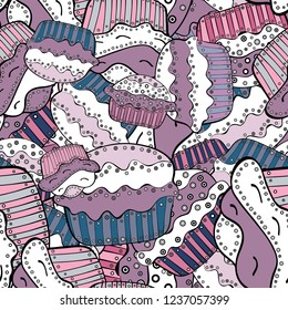 Seamless pattern with sweets - ice cream, cupcakes. Can use for birthday card, the children menu, packaging, textiles, fabrics, wallpaper. Vector design. Isolated in neutral, white and black colors.