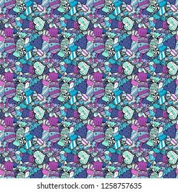 Seamless pattern with sweets - ice cream, cupcakes isolated on cute black, blue and violet background. Can use for birthday card, the children menu, packaging, textiles, fabrics, wallpaper. Vector art