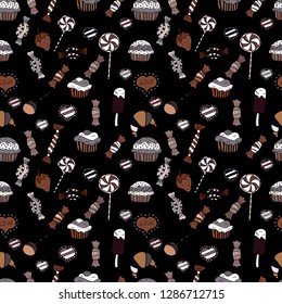 Seamless pattern with sweets - ice cream, cupcakes isolated on cute black, brown and white background. Can use for birthday card, the children menu, packaging, textiles, fabrics, wallpaper. Vector art
