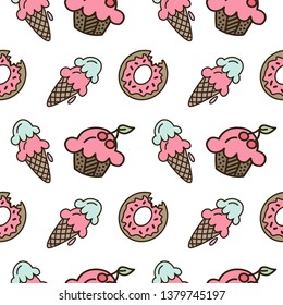 Seamless pattern with sweets - ice cream, donuts and cupcakes.