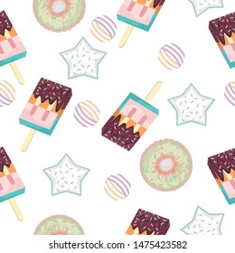 seamless pattern with sweets - ice cream, donuts, cupcakes,