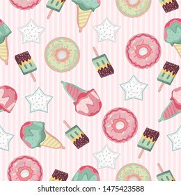 seamless pattern with sweets - ice cream, donuts, cupcakes,