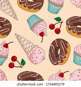 Seamless pattern with sweets - ice cream, donuts, cake, cherry. On a beige background. Vector.