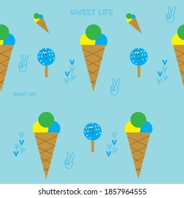 Seamless pattern with sweets, ice cream in a cone, ice cream on a stick, the inscription "sweet life", hearts. Pattern for packaging paper, textiles