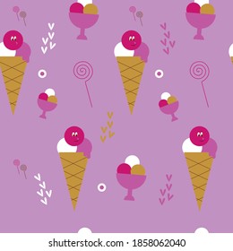 Seamless pattern with sweets, ice cream in a cone, ice cream in a cream bowl, hearts on a pink background. Pattern for packaging paper, textiles