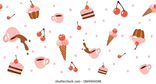 Seamless pattern with sweets, ice cream, cake on a white background. Festive pattern for birthday, bakery, children s holiday. Cute cartoon vector illustration