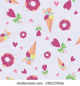 Seamless pattern of sweets: ice cream, donuts, lollipops