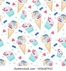 Seamless pattern with sweets: ice cream, cupcake. Delicious color vector illustration for background, wallpaper, wrapper, paper, gift. No diet day. Design for web, banner, poster, flyer.