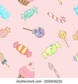 seamless pattern with sweets - ice cream, cupcakes, and candies  on pink background 