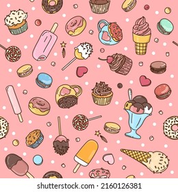 Seamless pattern with sweets, ice cream, cupcakes, macaroons in doodle style. Colorful vector illustration on pink background.