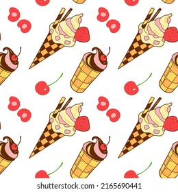 patrón transparente de caramelos - vector de helado en una taza de waffle