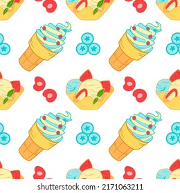seamless pattern of sweets - ice cream vector in a waffle cup, in a bowl