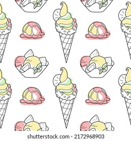 patrón ininterrumpido de dulces - vector de helado en una taza de waffle, en un bol