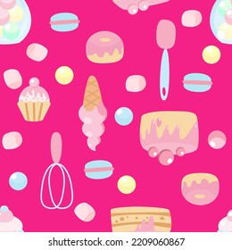 Seamless pattern sweets ice cream, macarons, cupcake, cake, lollipops, kitchen spatula, whisk in cartoon style on a pink background. Pattern for textiles, packaging.