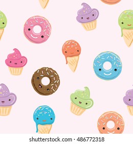 Seamless pattern with sweets - ice cream, donuts, cupcakes isolated on pastel pink background. Can use for birthday card, the children's menu, packaging, textiles, fabrics, wallpaper