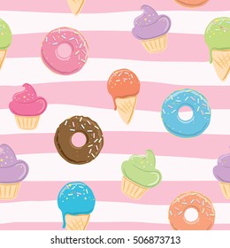 Seamless pattern with sweets - ice cream, donuts, cupcakes isolated on linear white and pink background. Can use for birthday card, the children menu, packaging, textiles, fabrics, wallpaper