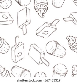 Seamless pattern of sweets, ice cream and cake. Image for a poster or cover. Vector illustration. Repeating texture. Figure for textiles. Picture for coloring.