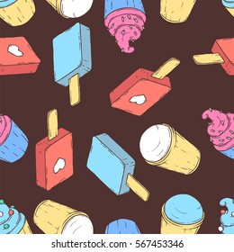 Seamless pattern of sweets, ice cream and cake. Image for a poster or cover. Vector illustration. Repeating texture. Figure for textiles.