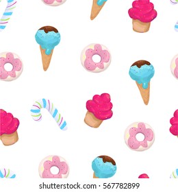  seamless pattern with sweets - ice cream, donuts, cupcakes, chocolate bar, candies.