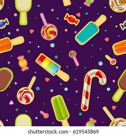 Seamless pattern of sweets and ice cream. Stock vector illustration.