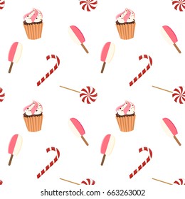 Seamless pattern of sweets. Ice cream, cake, and lollipops. Children's clothing fabric production.