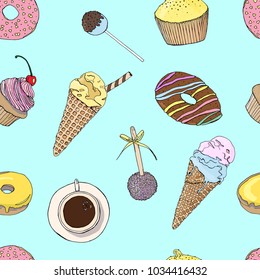 Seamless pattern with sweets, ice creams, cake and donuts