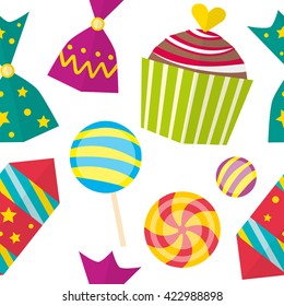 Seamless pattern of sweets isolated on white. Repeating background with candy, lollipop, cake. Festive texture.