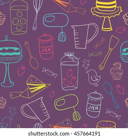 Seamless pattern with sweets and kitchen appliances. Perfectly look on the packaging of confectionery products