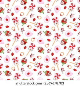 Seamless pattern with sweets, lips, ring and speech bubble. For Valentine's Day.  Cute Holiday Background Pattern. For web backgrounds, fabrics, wrapping paper, decoration.
