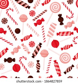 patrón sin costuras con dulces - ollipops, caramelos, caña, chocolates. Ilustración del vector