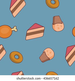Seamless pattern with sweets and meats on blue background