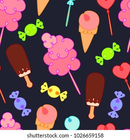 Seamless pattern with sweets on black background.