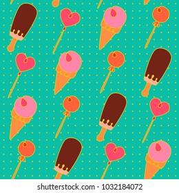 SEamless pattern with sweets on green background.