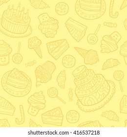 Seamless pattern with sweets on a yellow background. Vector illustration.