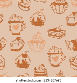 Patrón sin foco con dulces. Pasteles y pasteles, dulces y postres con fresas y cerezas de fondo beige claro. Ilustración vectorial. Doodles lineales dibujados a mano para el diseño y la decoración