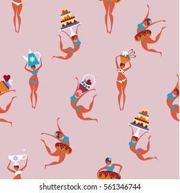 Seamless pattern, sweets, pastries, cakes and beautiful girls. Vector illustration.