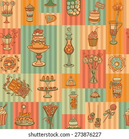 seamless pattern of sweets and pastries in a retro style