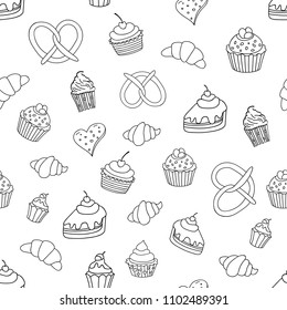 Seamless pattern with sweets, pies, cupcakes, ice cream and bakery products Vector illustration.