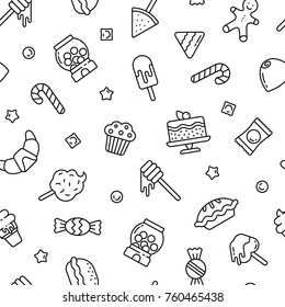 Seamless pattern with sweets, pies and ice cream, black and white icons