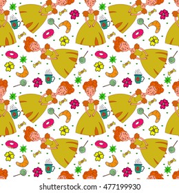Seamless pattern with sweets and princess. Vector pattern can be used as wallpaper, card
