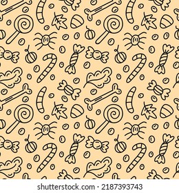 Seamless pattern with sweets, pumpkins, autumn leaves, bones and spiders.  Halloween texture for prints, fabrics, backgrounds, web and social media. Hand-drawn doodle sketch vector illustration