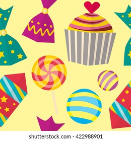 Seamless pattern of sweets. Repeating background with candy, lollipop, cake. Texture for candy shop.