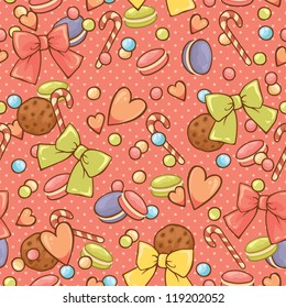 Seamless pattern with sweets and ribbons