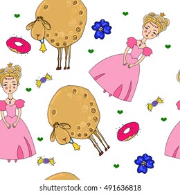 Seamless pattern with sweets, sheeps and princess in violet dress. Vector pattern can be used as card