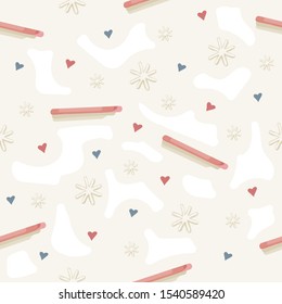 Seamless pattern with sweets, snowflakes and blue and pink hearts on white background. Pink sweets. Vector background.