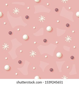 Seamless pattern with sweets and snowflakes on pink background. Pink, white and lilac sweets.